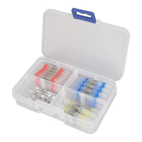 Hot Off The Press 50 Pack Solder Seal Wire Connectors Heat Shrink Tubing With Built In Solder Ring For Fast Wiring Jobs, waterproof connectors in a clear organizer case