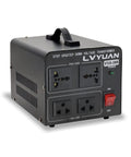Go-To 1000W Step Up Down Voltage Transformer with US and universal outlets, metal casing, resettable circuit breaker, front view.