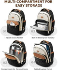 Multi-section view of 40L rolling travel backpack for women highlighting compartments for quick access, waterproof toiletry, personal items, and laptop.