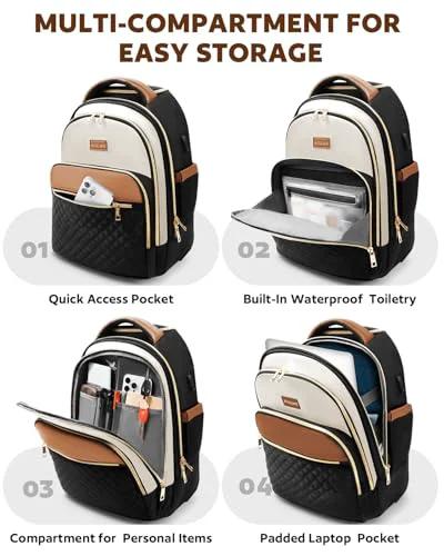 Multi-section view of 40L rolling travel backpack for women highlighting compartments for quick access, waterproof toiletry, personal items, and laptop.