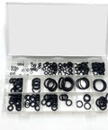 Front view of 225pc rubber O-ring and flat washer assortment in clear plastic organizer box