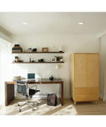 Home office with 6 Inch Recessed LED Disc Ceiling And Wall Light Surface Mount Warm White 3000K, modern furniture, wooden shelves.