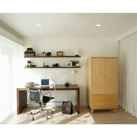 Home office with 6 Inch Recessed LED Disc Ceiling And Wall Light Surface Mount Warm White 3000K, modern furniture, wooden shelves.