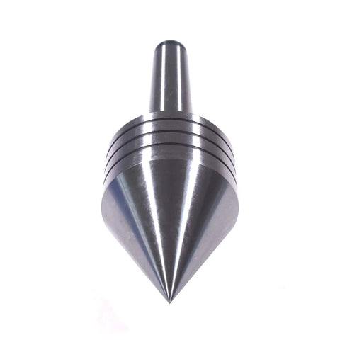 MT2 rotary live center shaft (front view) for lathe; metal with conical tip and grooved collar, chrome finish