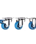 Rollin Tough Heavy Duty Castor Wheels Four Pack With Slick Nylon Rollers And Beefy Steel Mounting Plates For Couch Moves Shop Gear Ups And Weekend Hustles Delivering Smooth 360 Spin In Bright Blue close-up of blue swivel castors with chrome mounting plates.