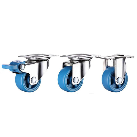 Rollin Tough Heavy Duty Castor Wheels Four Pack With Slick Nylon Rollers And Beefy Steel Mounting Plates For Couch Moves Shop Gear Ups And Weekend Hustles Delivering Smooth 360 Spin In Bright Blue close-up of blue swivel castors with chrome mounting plates.
