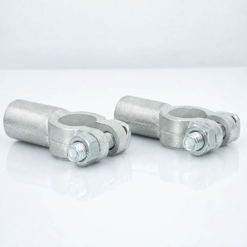 Heavy Duty Battery Terminal Connectors For 2/0 Gauge Wire Positive Negative Top Post Cable Clamps in silver metal finish.