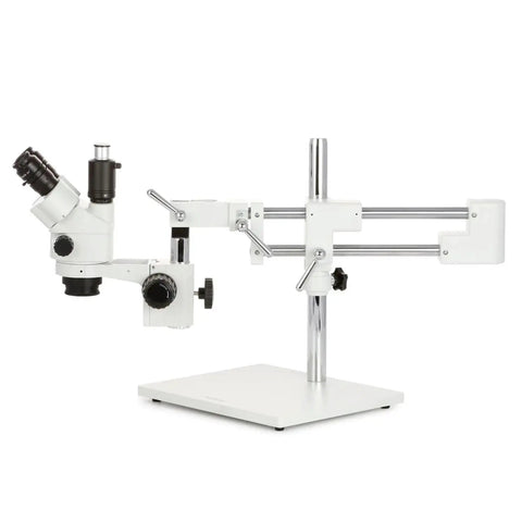 Simul-Focal 3.5X-45X Stereo Zoom Microscope With Lockable Zoom 0.5X Barlow 6.5 Inch Working Distance Greenough Optics Heavy-Duty Multi-Pivot Boom Stand For Lab And Field Detail on boom stand