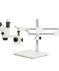 Simul Focal Stereo Zoom Microscope With Lockable Zoom Three Point Five To Ninety X Magnification On A Heavy Duty Dual Boom Stand Built For Pro Grade Lab Use And Six Point Five Inch Working Distance For Hobbyist Micro Inspection.