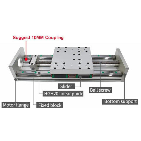 Z Axis Motion Table Sliding Stage Travel 100mm To 1200mm With HGR20 Linear Guides And SFU1610 Ball Screw Heavy Duty CNC Sliding Table For Stepper Or Servo Motors Ideal For Robotics And Automation, front view with motor flange and ball screw