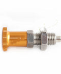 Built Tough Gold Knob Indexing Plunger Spring Pin With External Thread And Nut For Precise Vise Alignment CNC Machining And Heavy Duty Workshop Fixtures, side view