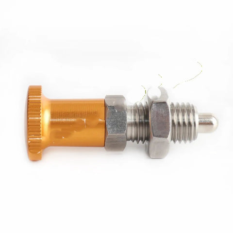 Built Tough Gold Knob Indexing Plunger Spring Pin With External Thread And Nut For Precise Vise Alignment CNC Machining And Heavy Duty Workshop Fixtures, side view