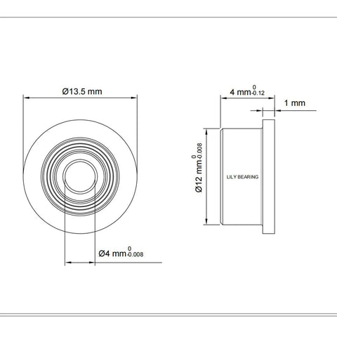 Technical drawing of flanged ball bearing 4x12x4mm dimensions and specifications.