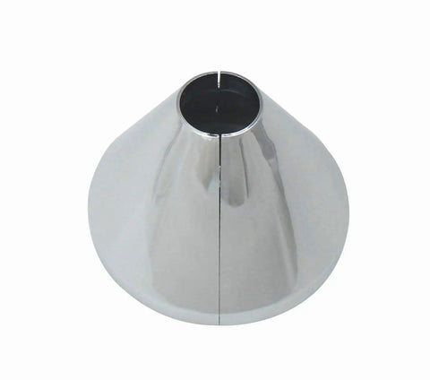 K857-20 Clip On Deep Flange Cover For One Half Inch Pipe In Chrome Finish, Easy Install, No Flange Removal, Two Part Clip On Design Hides Old Piping, Quick Diy Fix For Plumbing Flanges And Visible Piping, shown from top in chrome.