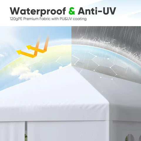 10x20 Outdoor Party Tent Gazebo With Removable Church Sidewalls For Weddings And BBQs, showing waterproof and UV protection features.