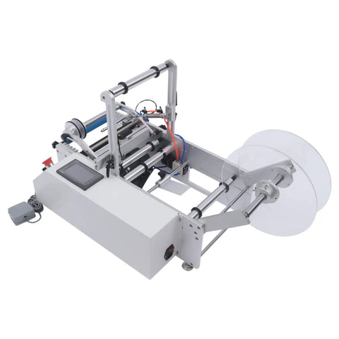 Semi Automatic Round Bottle Labeling Machine With Fiber Optic Sensor, 300W Electric Label Applicator side view with reels.