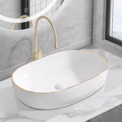 USZWBY Vessel Sinks Light Luxury Small Size Countertop Basin Household Wash Single Ceramic Gold Edge Art Bathroom Bowl Sink on marble countertop