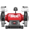 Heavy Duty Eight Inch Bench Grinder Equipped With A Kickass Three Point Zero Amp Motor And Bright Led Work Light Paired With Nifty Water Cooling Tray For Effortless Metal Sharpening Tasks, front view with grinder wheels.