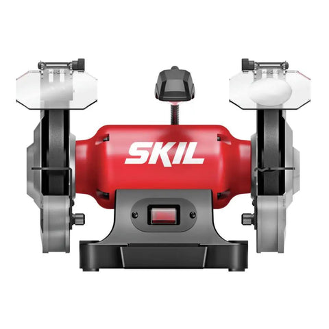 Heavy Duty Eight Inch Bench Grinder Equipped With A Kickass Three Point Zero Amp Motor And Bright Led Work Light Paired With Nifty Water Cooling Tray For Effortless Metal Sharpening Tasks, front view with grinder wheels.