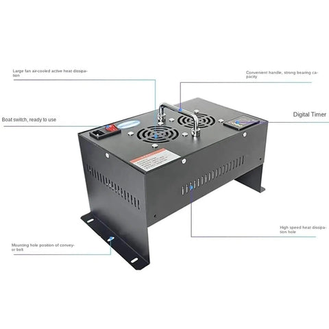 Beast Mode Led Uv Curing Lamp With A Bold Digital Screen For Crushing Cure Times On 3D Printer Resin And Shadowless Glue Across Wide Conveyor Lines Up To 600 Mm At 365 Nm, showing digital timer and air-cooled heat dissipation.