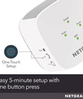 Close-up of AC1200 Mesh WiFi Range Extender one-touch setup button, compact wall plug design, seamless WiFi extension.
