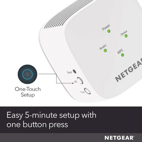 Close-up of AC1200 Mesh WiFi Range Extender one-touch setup button, compact wall plug design, seamless WiFi extension.
