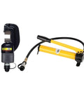 Heavy Duty Hydraulic Hose Crimping Machine Portable Crimper Tool Set Fits Sc-16 And Sc-22 Models For Ranges From 4Mm To 22Mm with yellow pump and black crimper.