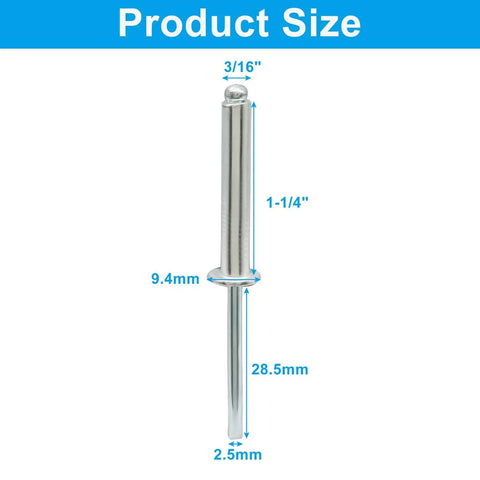 Close-up of a 120 Pcs 3/16 X 1-1/4 Inch Aluminum Large Flange Blind Rivet with measurements for metalwork use.