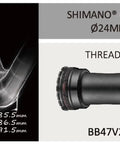 Token T47 Threaded Bottom Bracket Black For Shimano 24mm Steel Bearing with installation diagram and measurements shown