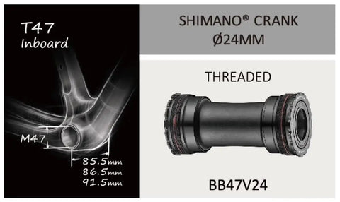 Token T47 Threaded Bottom Bracket Black For Shimano 24mm Steel Bearing with installation diagram and measurements shown