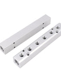 Two Pack Six Way Eight Port Air Compressor Manifold Block With One Quarter Inch NPT Output Ports And One Half Inch NPT Supply Port Heavy Duty Aluminum Alloy Air Distribution Block For Pneumatic Systems, showing side and top views with visible ports