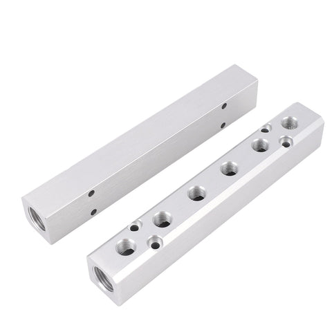 Two Pack Six Way Eight Port Air Compressor Manifold Block With One Quarter Inch NPT Output Ports And One Half Inch NPT Supply Port Heavy Duty Aluminum Alloy Air Distribution Block For Pneumatic Systems, showing side and top views with visible ports