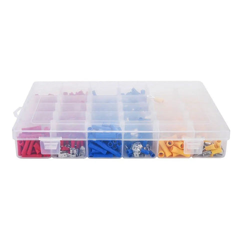 Ultimate 720 Count Tubular Wire Connector Kit Featuring Color Coded Electrical Terminals, Insulated Cable Ferrules In Yellow Red Blue, Heavy Duty Crimping Tool, Perfect For Pro Auto Home Wiring Projects. clear plastic organizer with red blue yellow terminals