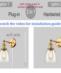 Industrial Brass Swing Arm Wall Sconces Set Of 2 Glass Bell Lamps Hardwired Or Plug In With 2 In 1 Design showing installation options.
