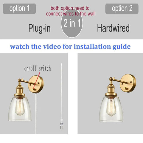 Industrial Brass Swing Arm Wall Sconces Set Of 2 Glass Bell Lamps Hardwired Or Plug In With 2 In 1 Design showing installation options.