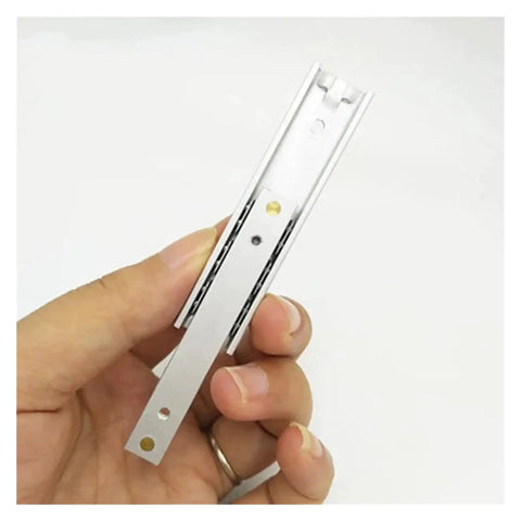 Top Shelf Side Mounted Ball Bearing Drawer Slides One Pair L140mm held in hand, steel construction for quiet cabinet use.