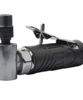 Slick 1/4 Inch Pneumatic Angle Die Grinder With Rubber Grip Sleeve showing chrome and black design for precision metal work.