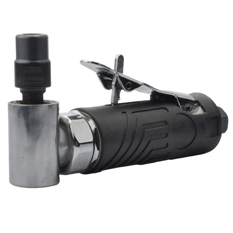 Slick 1/4 Inch Pneumatic Angle Die Grinder With Rubber Grip Sleeve showing chrome and black design for precision metal work.