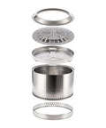 Exploded view of Yukon 27 Inch Stainless Steel Fire Pit With Stand For Four People Outdoor Camping Bonfire Gear Cookware.