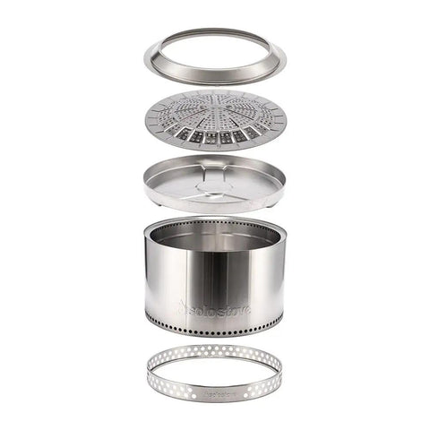 Exploded view of Yukon 27 Inch Stainless Steel Fire Pit With Stand For Four People Outdoor Camping Bonfire Gear Cookware.