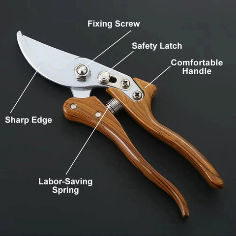 Heavy Duty Pruning Shears For Go-To Garden Tasks With Adjustable Thumb Lock, Arc Blade Pruners For Tree Trimming, Flower Cutting, And Bonsai, Anti-Slip Handles, Made From Durable SK5 Steel, showing labeled parts