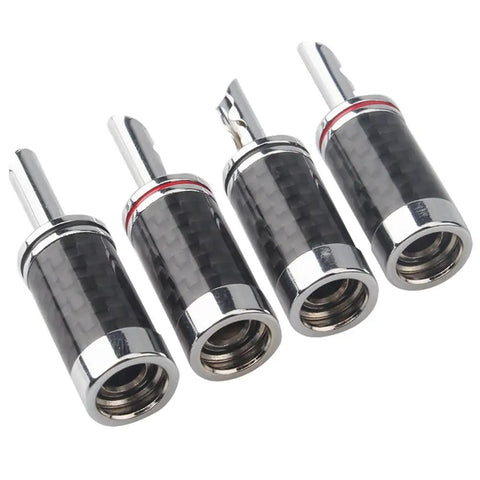 Top Shelf Banana Plugs Quad Pack With Secure Screw Lock Mechanism And Smooth Carbon Fiber Shell For Crisp Signal Transfer set of four connectors