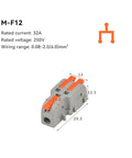 Compact Mini Push In Wire Connector 10 Pcs Splitter Block For Tool Free Splicing Solid And Stranded Copper Wires In Home Wiring Or Led Projects With Flame Retardant Pa66 Housing And Tin Plated Contacts Rated For Heavy Duty Electrical Jobs. M-F12 32A 250V connector with dimensions shown