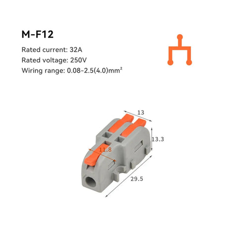 Compact Mini Push In Wire Connector 10 Pcs Splitter Block For Tool Free Splicing Solid And Stranded Copper Wires In Home Wiring Or Led Projects With Flame Retardant Pa66 Housing And Tin Plated Contacts Rated For Heavy Duty Electrical Jobs. M-F12 32A 250V connector with dimensions shown