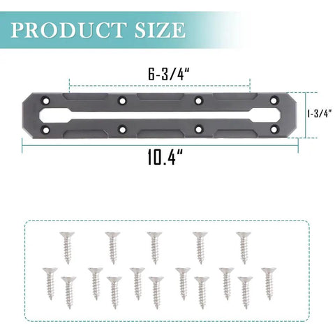 Low Profile Kayak Gear Track Set 10.4 Inch With Reinforced Marine Nylon And Free Screws For Simple Rod Holder Mounts, Durable T Track Rails For Fishing Gear And Accessories For All Kayak Setups. size chart with 10.4 inch track, 6-3/4 usable length, 1-3/4 width, and screws