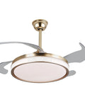 Ceiling Fan Light with Flush Mount Design, Integrated Illumination, Modern, gold finish with retractable blades and round light.