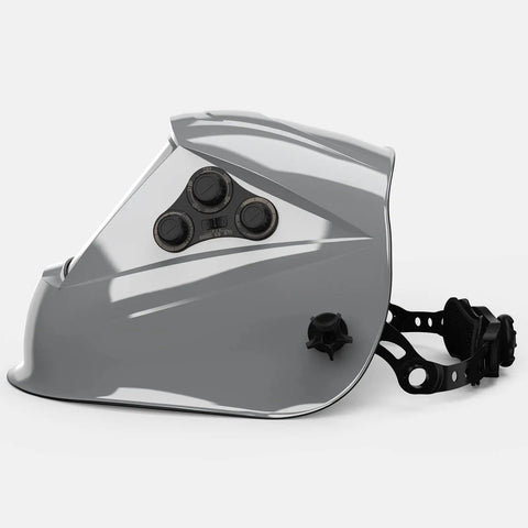 Side view of True Color Auto Darkening Welding Helmet with Large 3.94 by 3.15 Inch Viewing Window, solar powered, headgear visible