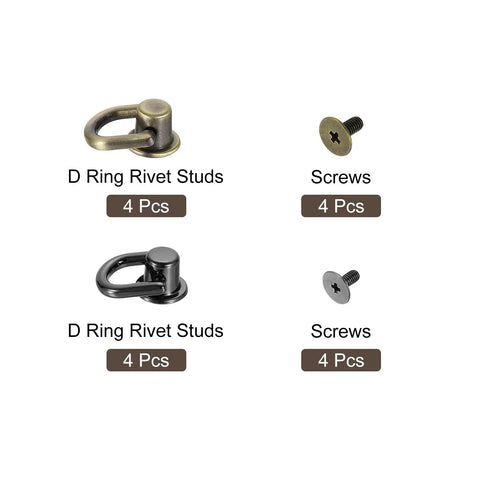 8 Piece DIY Leather Craft Ball Post Head Button Rivets With D Ring For Bag Straps Bronze Tone And Metallic Black Finish 12mm Base 10mm Ring Screw Back 2.7x5.2mm Zinc Alloy Hardware Kit showing bronze and black rivet studs with screws