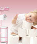Pink Floor Standing Toilet Paper Holder With Extra Shelf And Back Up Storage Dispenser for Bathroom Holds Four Mega Rolls with child