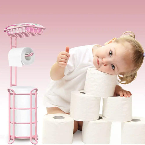 Pink Floor Standing Toilet Paper Holder With Extra Shelf And Back Up Storage Dispenser for Bathroom Holds Four Mega Rolls with child